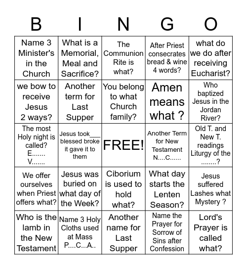 Holy Eucharist Bingo Card