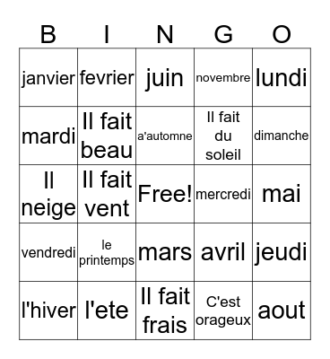 French Chapter 8 Bingo Card