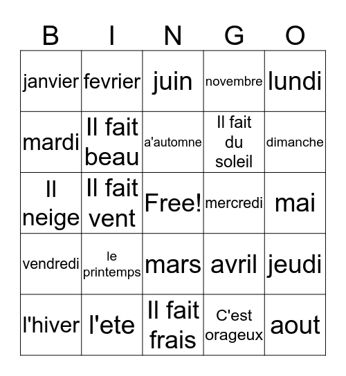 French Chapter 8 Bingo Card