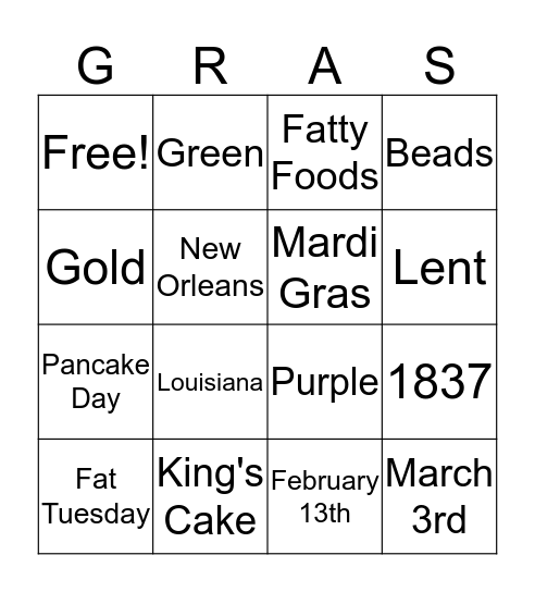 Mardi Gras Bingo Card