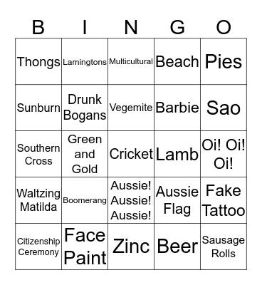 Australia Day Bingo Card