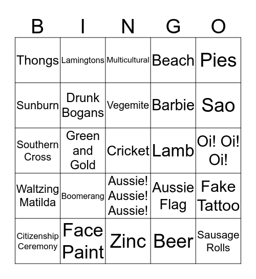 Australia Day Bingo Card