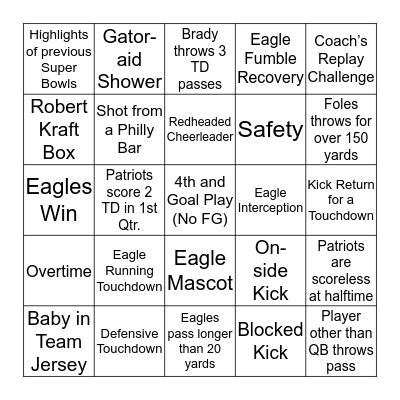 2018 Simsbury Newcomers Super Bowl Bingo Card