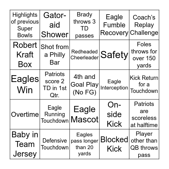 2018 Simsbury Newcomers Super Bowl Bingo Card