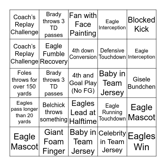 2018 Simsbury Newcomers Super Bowl Bingo Card