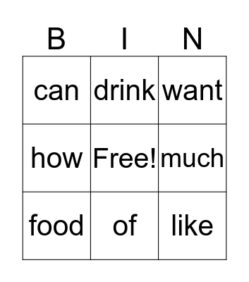 Food and Drinks Bingo Card