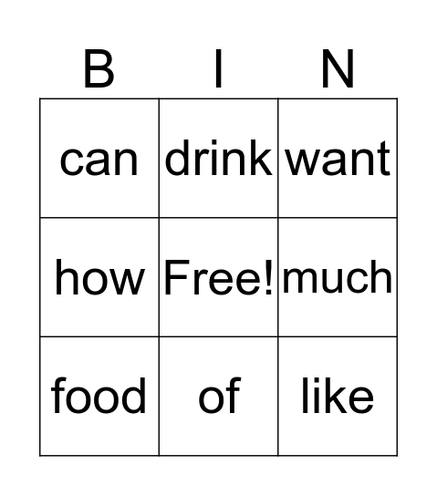 Food and Drinks Bingo Card