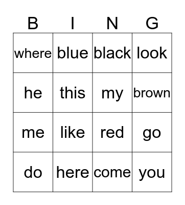 Sight Words Bingo Card