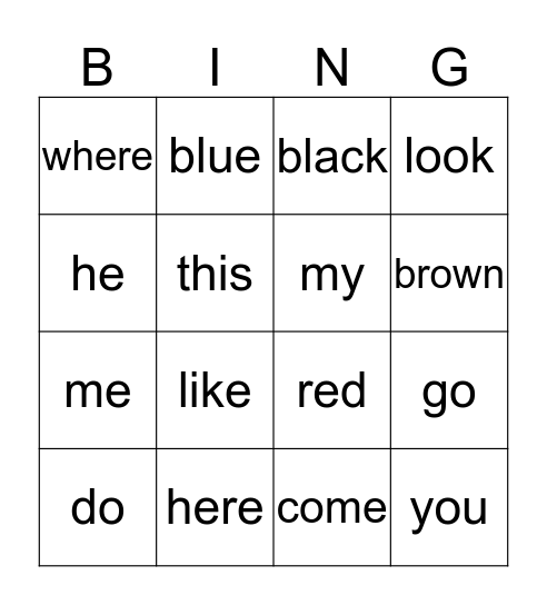Sight Words Bingo Card