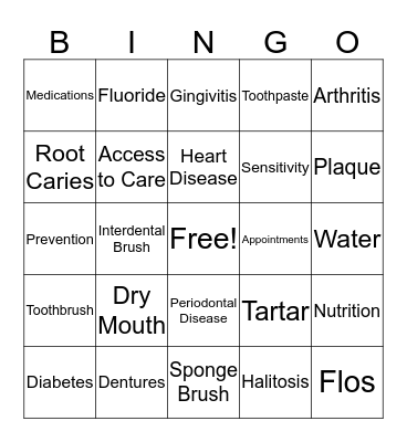 Oral Health Bingo Card