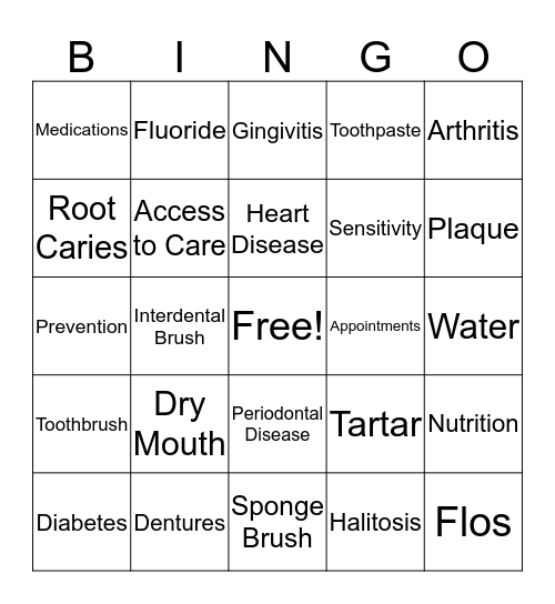 Oral Health Bingo Card