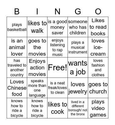 Getting to know you  Bingo Card