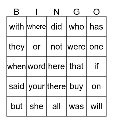 SIGHT WORDS Bingo Card