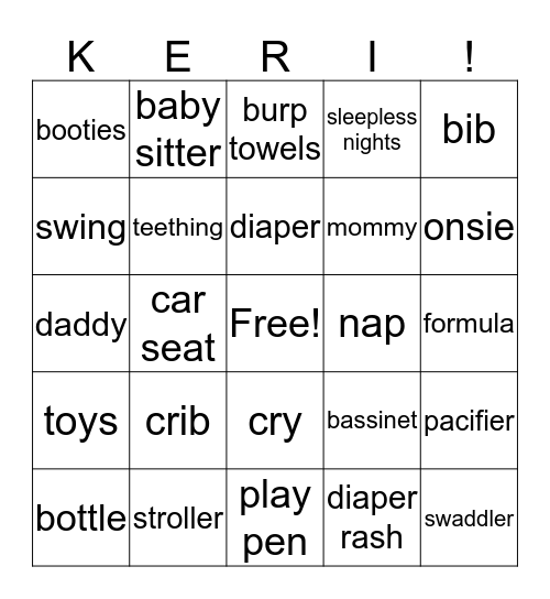 Keri's Baby Shower Bingo Card