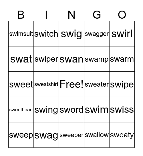 /SW/ Words Bingo Card