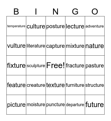 Words Ending in -ture Bingo Card