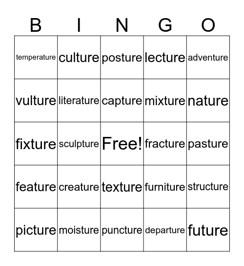 Words Ending In ture Bingo Card