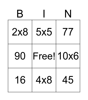 Review multiplication Bingo Card
