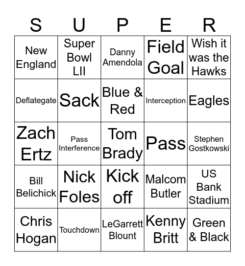 Superbowl Bingo Card