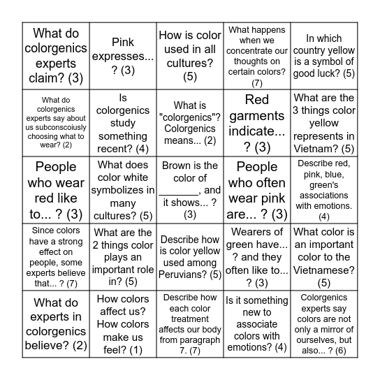 WIT 3 Unit 1 Reading 1 - Color Me Pink Bingo Card