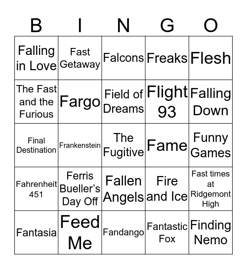 Movies Starting with "F" Bingo Card