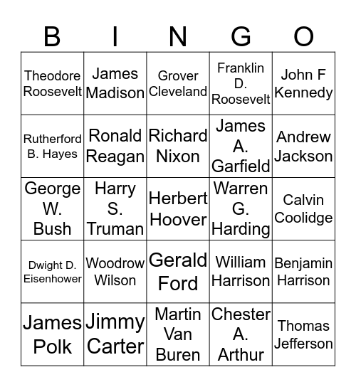 US Presidents Bingo Card