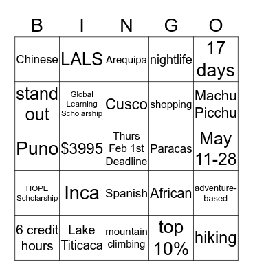 Peru Maymester Bingo Card