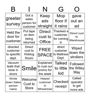 Hammer's Greeter Bingo Yo! Bingo Card