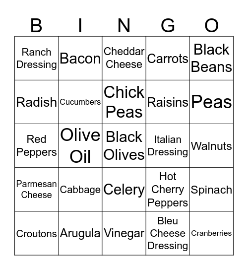Salad and Toppings Bingo Card