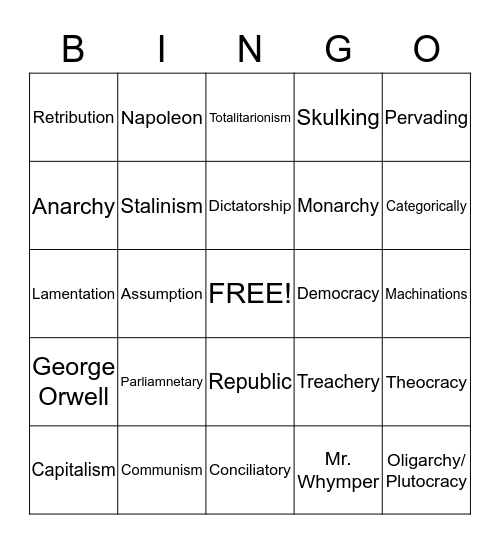 Animal Farm Bingo Card