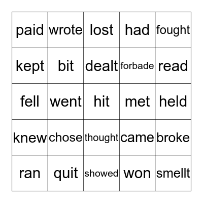 Irregular verbs: Past Simple Bingo Card