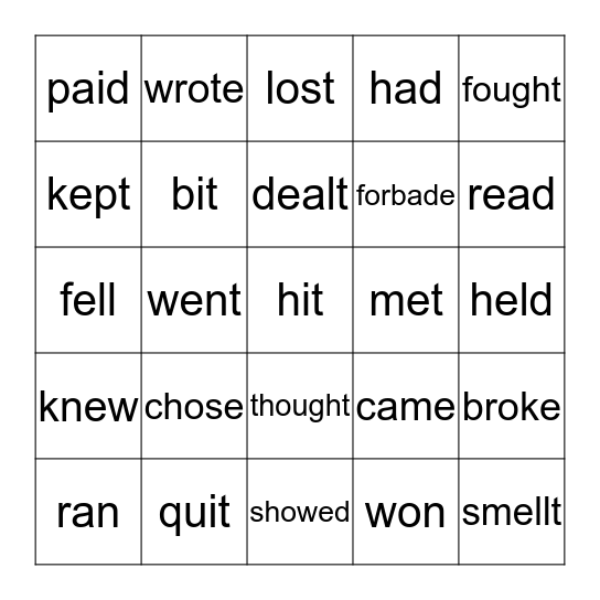 Irregular verbs: Past Simple Bingo Card
