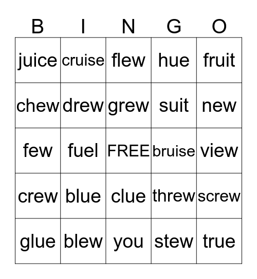 Long u Vowel Team Bingo Card