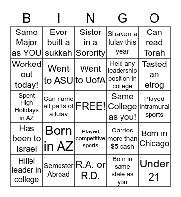 Sukkot Schmooze Fest with iMPACT & ASU Hillel Bingo Card