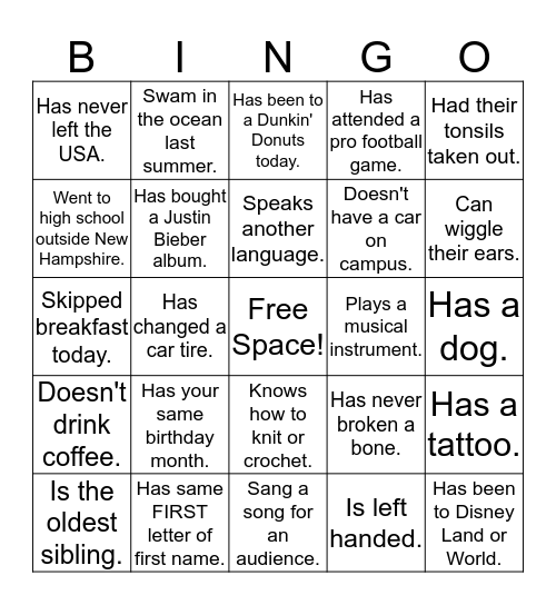Business Ethics Get-To-Know-Your-Division Bingo.  Instructions: Find someone in your division who admits to these characteristics and clearly print their first and last name in the box. Complete a row across, down, or diagonally and you win! B-I-N-G-O! Bingo Card