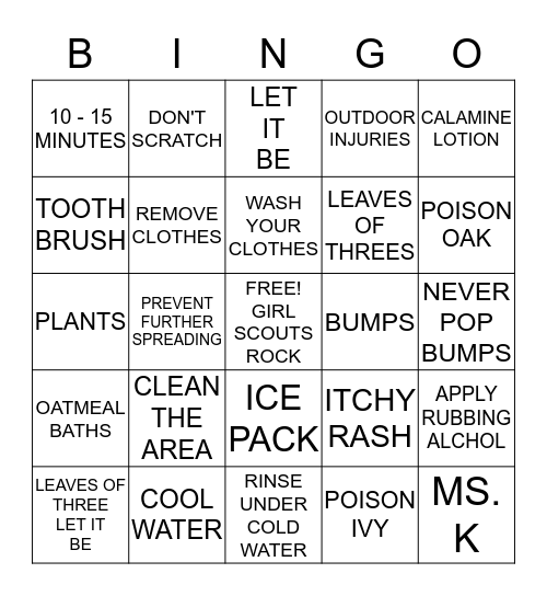 OUTDOOR INJURIES BINGO Card