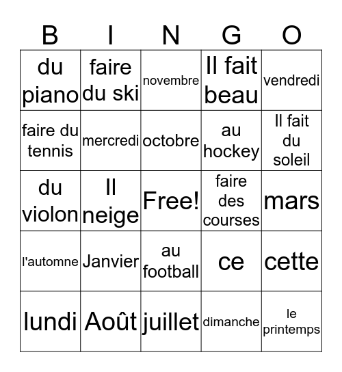 French chapter 8 Bingo Card