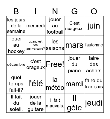 French Chapter 8 Bingo Sheet Bingo Card