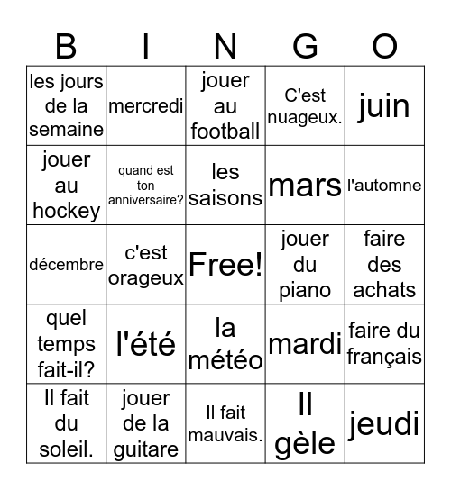 French Chapter 8 Bingo Sheet Bingo Card