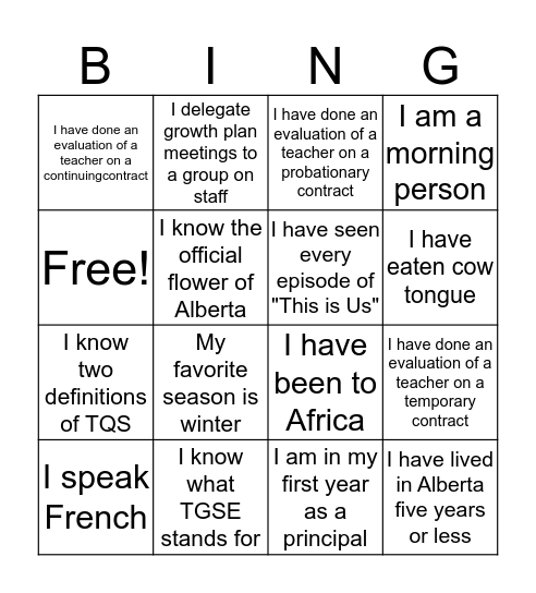 TGSE Bingo Card
