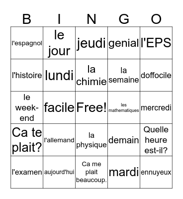 Francais 1, Chapitre 4, Vocabulaire 1 Bingo Card