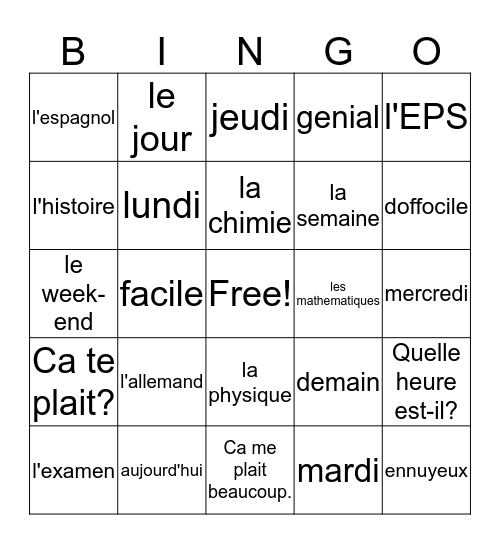 Francais 1, Chapitre 4, Vocabulaire 1 Bingo Card