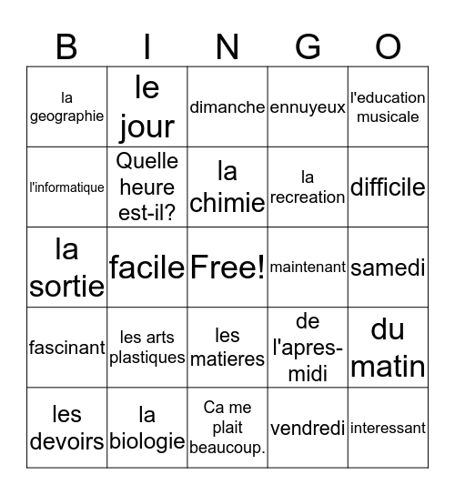 French 1, Chapter 4, Vocabulary 1 Bingo Card