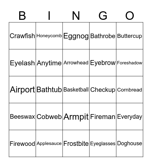 Compound Words Bingo Card