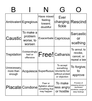 Vocabulary 1 Bingo Card