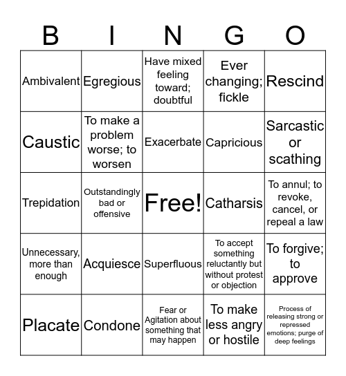 Vocabulary 1 Bingo Card