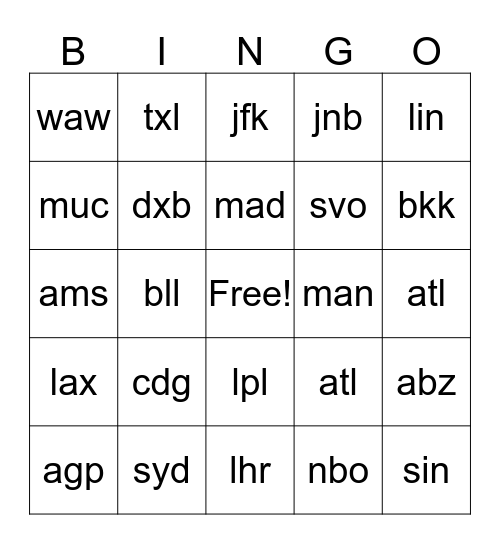 IATA Bingo Card