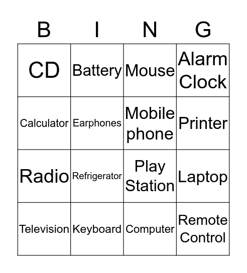 Gadget Bingo Card