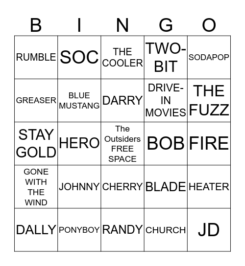 The Outsiders Bingo Card