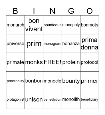 vocabulary bingo Card